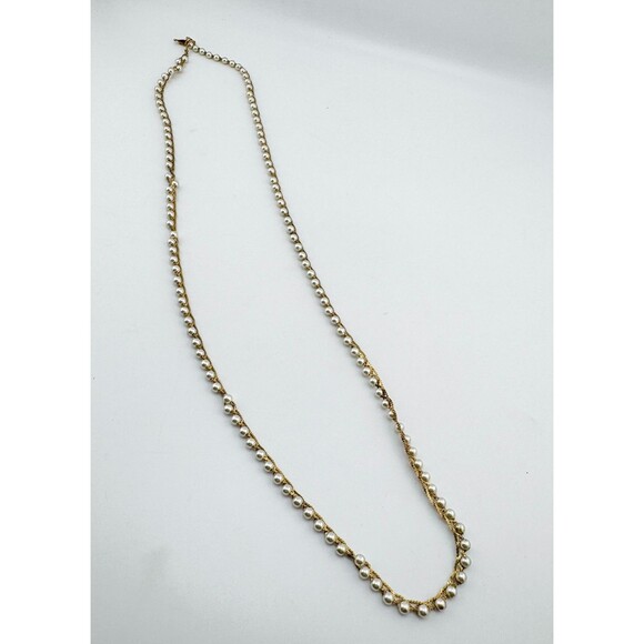 Signed Napier Gold Tone Faux Pearl Long Necklace Vintage Layered Rope Chain - Picture 5 of 12
